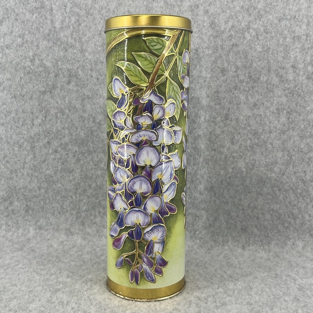 Silver Crane Green Floral Tin Art Nouveau Wisteria Storage Canister Lid Spring